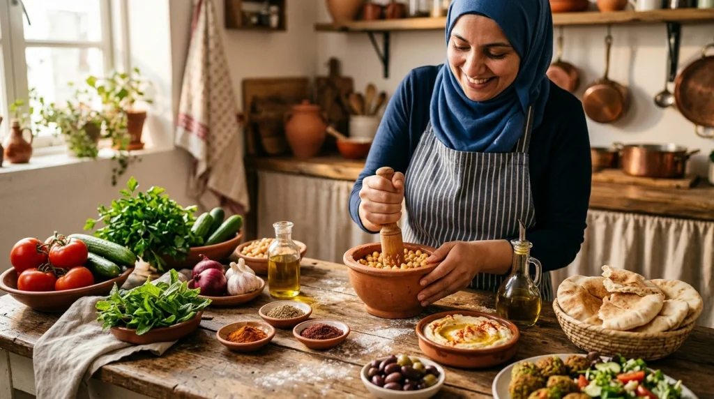 Příprava tradičního halal jídla a čerstvých ingrediencí