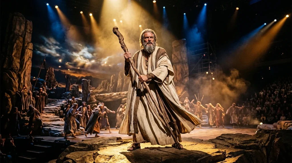 Biblická postava Mojžíše na divadelní scéně s holí a dramatickým nasvícením