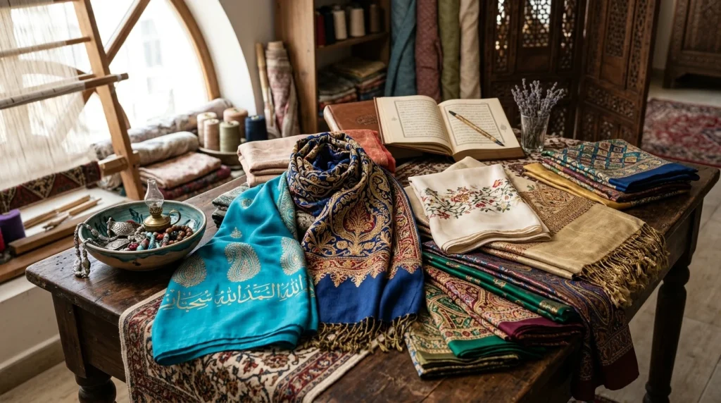 Tradiční hedvábné šátky a vyšívané oděvy na historickém dřevěném stole
