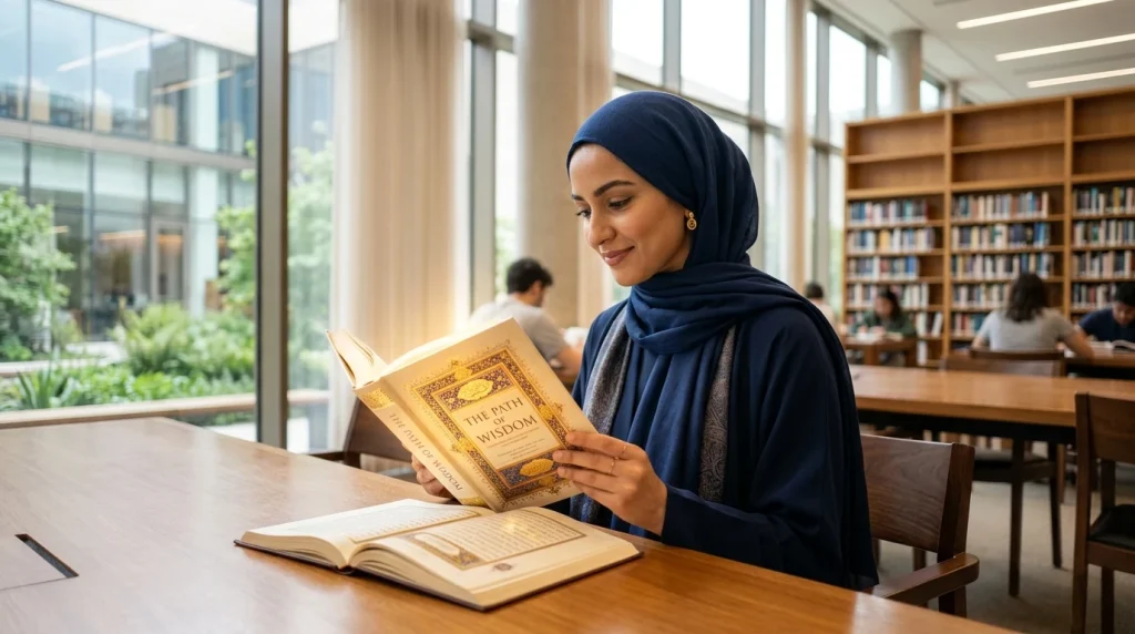 Muslimská žena v moderní knihovně studující texty s knihou v ruce