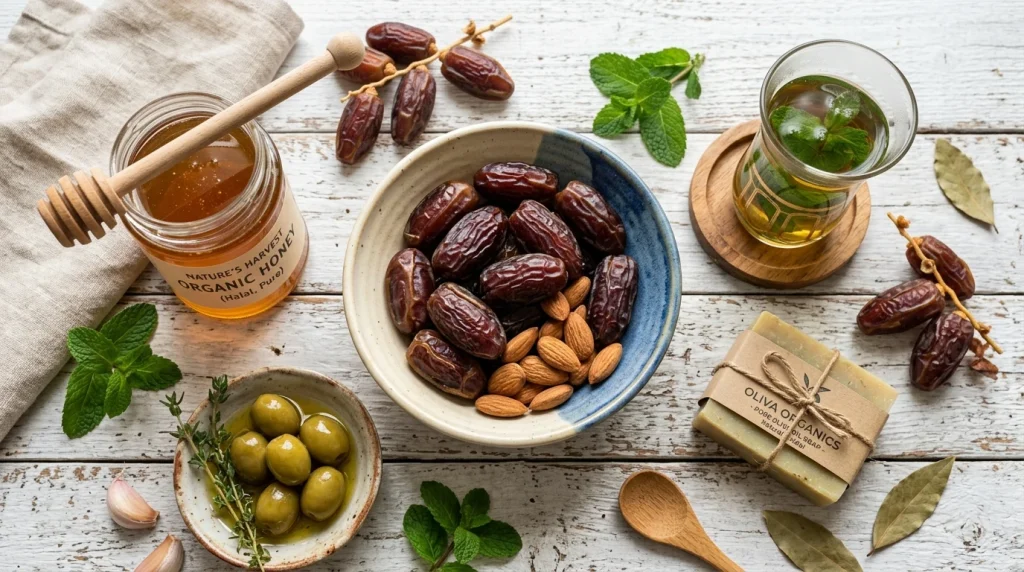 Zátiší s bio halal potravinami, datlemi Medjool, medem, olivami a přírodní kosmetikou
