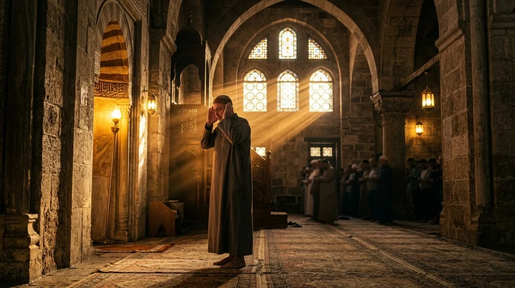 Věřící v ranní modlitbě se zvednutýma rukama při Takbíru v historické kamenné mešitě
