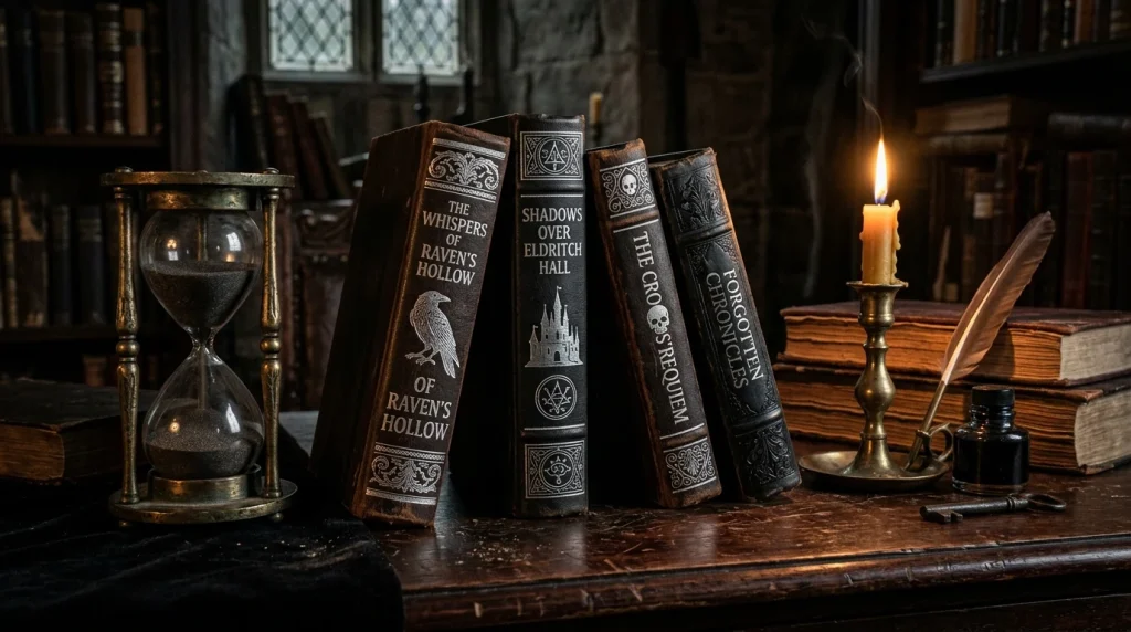 Zátiší s historickými vázanými romány, přesýpacími hodinami a svíčkou